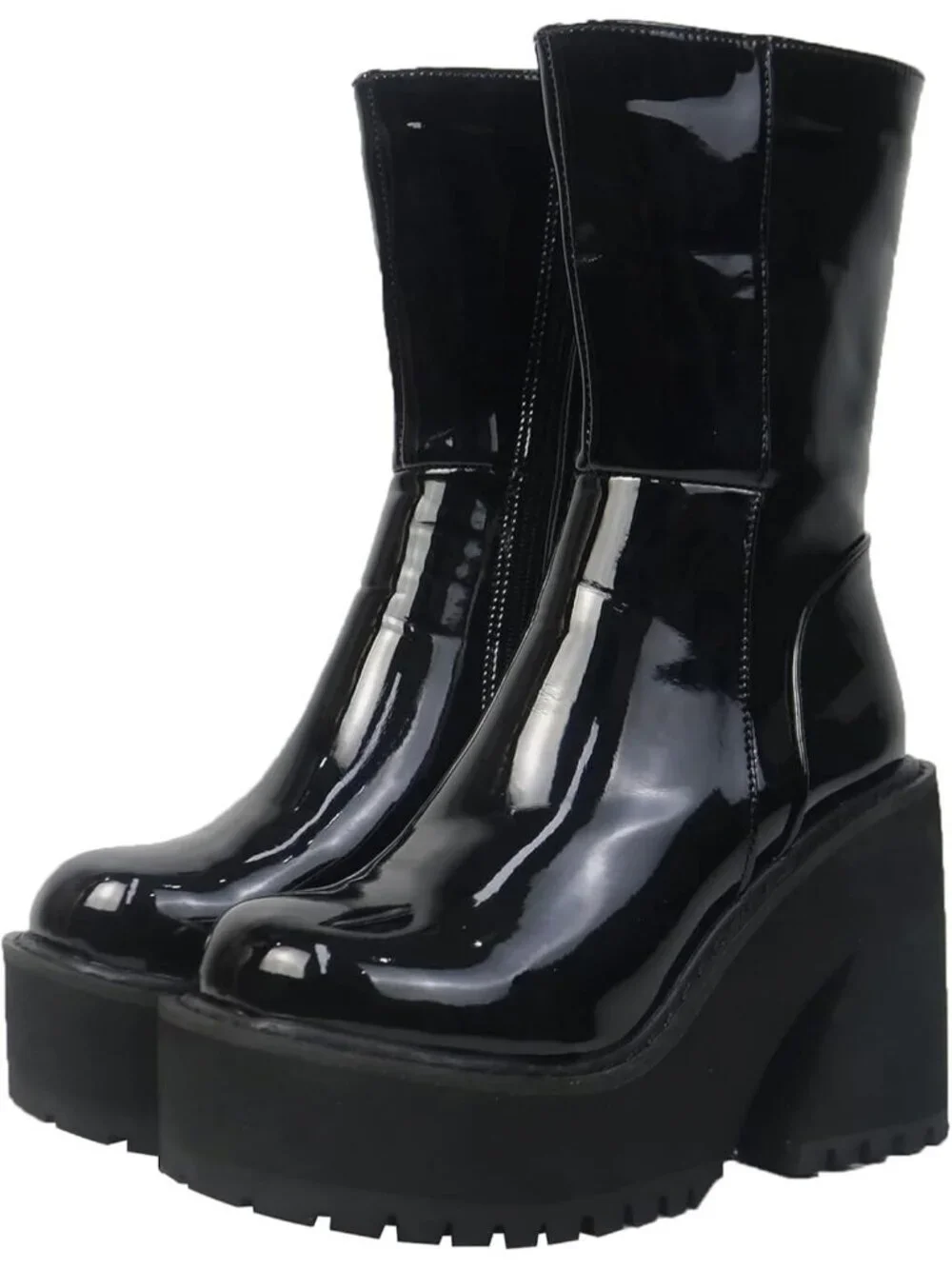 Womens Black Rubber Wedge Heel Platform Mid Calf Zipper Round Toe Ankle Boots